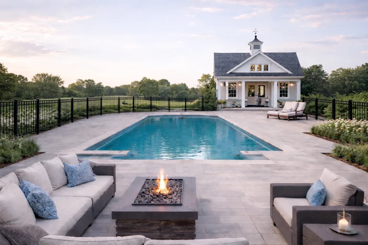 Fiberglass pool with stone fire pit lounge and pool house at dusk, built by Flynn Pools and Patios